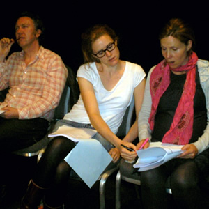 Clare In The Community rehearsal. Image shows from L to R: Ray (Richard Lumsden), Libby (Sarah Kendall), Clare (Sally Phillips). Copyright: BBC. Clare In The Community rehearsal. Image shows from L to R: Ray (Richard Lumsden), Libby (Sarah Kendall), Clare (Sally Phillips). Copyright: BBC.