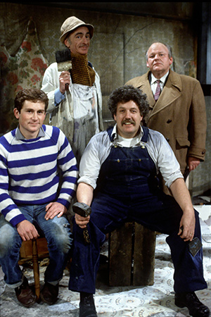 Cowboys. Image shows from L to R: Eric (James Wardroper), Wobbly Ron (David Kelly), Richard Geyser (Colin Welland), Joe Jones (Roy Kinnear). Copyright: Thames Television. Cowboys. Image shows from L to R: Eric (James Wardroper), Wobbly Ron (David Kelly), Richard Geyser (Colin Welland), Joe Jones (Roy Kinnear). Copyright: Thames Television.