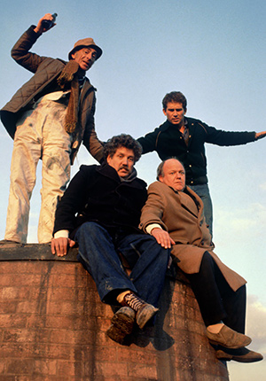 Cowboys. Image shows from L to R: Wobbly Ron (David Kelly), Richard Geyser (Colin Welland), Joe Jones (Roy Kinnear), Eric (James Wardroper). Copyright: Thames Television. Cowboys. Image shows from L to R: Wobbly Ron (David Kelly), Richard Geyser (Colin Welland), Joe Jones (Roy Kinnear), Eric (James Wardroper). Copyright: Thames Television.
