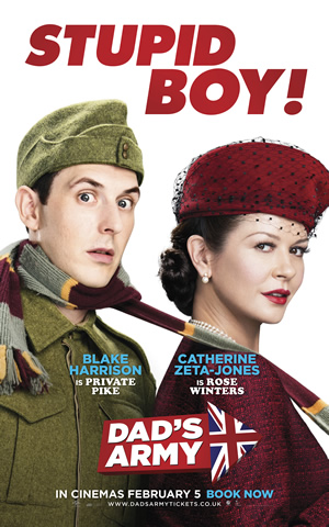 Dad's Army. Image shows from L to R: Private Frank Pike (Blake Harrison), Rose Winters (Catherine Zeta-Jones). Copyright: Universal Pictures / DJ Films. Dad's Army. Image shows from L to R: Private Frank Pike (Blake Harrison), Rose Winters (Catherine Zeta-Jones). Copyright: Universal Pictures / DJ Films.