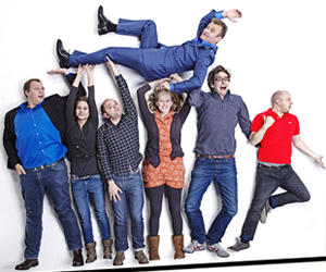 Fast And Loose. Image shows from L to R: Justin Edwards, Laura Solon, David Armand, Pippa Evans, Hugh Dennis, Humphrey Ker, Marek Larwood. Copyright: Angst Productions. Fast And Loose. Image shows from L to R: Justin Edwards, Laura Solon, David Armand, Pippa Evans, Hugh Dennis, Humphrey Ker, Marek Larwood. Copyright: Angst Productions.