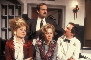 Fawlty Towers. Image shows from L to R: Sybil Fawlty (Prunella Scales), Basil Fawlty (John Cleese), Polly (Connie Booth), Manuel (Andrew Sachs). Copyright: BBC. Fawlty Towers. Image shows from L to R: Sybil Fawlty (Prunella Scales), Basil Fawlty (John Cleese), Polly (Connie Booth), Manuel (Andrew Sachs). Copyright: BBC.