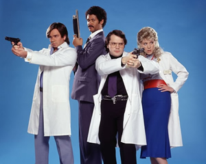 Garth Marenghi's Darkplace. Image shows from L to R: Todd Rivers / Dr. Lucien Sanchez (Matt Berry), Dean Learner / Thornton Reed (Richard Ayoade), Garth Marenghi / Dr. Rick Dagless M.D. (Matthew Holness), Madeleine Wool / Dr. Liz Asher (Alice Lowe). Copyright: Avalon Television. Garth Marenghi's Darkplace. Image shows from L to R: Todd Rivers / Dr. Lucien Sanchez (Matt Berry), Dean Learner / Thornton Reed (Richard Ayoade), Garth Marenghi / Dr. Rick Dagless M.D. (Matthew Holness), Madeleine Wool / Dr. Liz Asher (Alice Lowe). Copyright: Avalon Television.