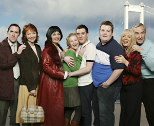 Gavin & Stacey. Image shows from L to R: Bryn (Rob Brydon), Gwen (Melanie Walters), Nessa (Ruth Jones), Stacey (Joanna Page), Gavin (Mathew Horne), Smithy (James Corden), Pam (Alison Steadman), Mick (Larry Lamb). Copyright: Baby Cow Productions. Gavin & Stacey. Image shows from L to R: Bryn (Rob Brydon), Gwen (Melanie Walters), Nessa (Ruth Jones), Stacey (Joanna Page), Gavin (Mathew Horne), Smithy (James Corden), Pam (Alison Steadman), Mick (Larry Lamb). Copyright: Baby Cow Productions.