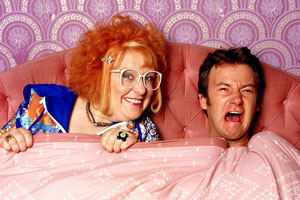 Gimme Gimme Gimme. Image shows from L to R: Linda (Kathy Burke), Tom (James Dreyfus). Copyright: Tiger Aspect Productions. Gimme Gimme Gimme. Image shows from L to R: Linda (Kathy Burke), Tom (James Dreyfus). Copyright: Tiger Aspect Productions.