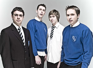 The Inbetweeners. Image shows from L to R: Will Mackenzie (Simon Bird), Neil Sutherland (Blake Harrison), Jay Cartwright (James Buckley), Simon Cooper (Joe Thomas). Copyright: Bwark Productions. The Inbetweeners. Image shows from L to R: Will Mackenzie (Simon Bird), Neil Sutherland (Blake Harrison), Jay Cartwright (James Buckley), Simon Cooper (Joe Thomas). Copyright: Bwark Productions.