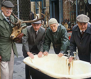 Last Of The Summer Wine. Image shows from L to R: Walter C. 'Foggy' Dewhurst (Brian Wilde), Howard Sibshaw (Robert Fyfe), William 'Compo' Simmonite (Bill Owen), Norman Clegg (Peter Sallis). Copyright: BBC. Last Of The Summer Wine. Image shows from L to R: Walter C. 'Foggy' Dewhurst (Brian Wilde), Howard Sibshaw (Robert Fyfe), William 'Compo' Simmonite (Bill Owen), Norman Clegg (Peter Sallis). Copyright: BBC.