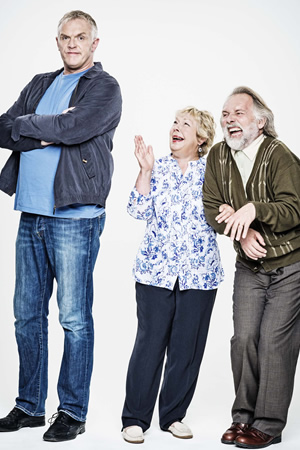 Man Down. Image shows from L to R: Dan (Greg Davies), Mum (Gwyneth Powell), Dad (Rik Mayall). Copyright: Avalon Television. Man Down. Image shows from L to R: Dan (Greg Davies), Mum (Gwyneth Powell), Dad (Rik Mayall). Copyright: Avalon Television.