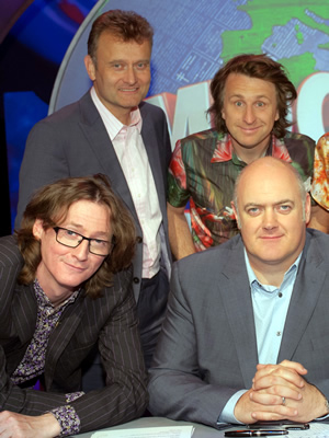Mock The Week. Image shows from L to R: Hugh Dennis, Ed Byrne, Milton Jones, Dara O Briain. Copyright: Angst Productions. Mock The Week. Image shows from L to R: Hugh Dennis, Ed Byrne, Milton Jones, Dara O Briain. Copyright: Angst Productions.