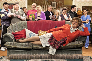 Mrs. Brown's Boys. Image shows from L to R: Buster Brady (Danny O'Carroll), Grandad Brown (Dermot O'Neill), Dino Doyle (Gary Hollywood), Rory Brown (Rory Cowan), Cathy Brown (Jennifer Gibney), Mark Brown (Pat Shields), Betty Brown (Amanda Woods), Winnie McGoogan (Eilish O'Carroll), Dermot Brown (Paddy Houlihan), Agnes Brown (Brendan O'Carroll), Maria Nicholson / Brown (Fiona O'Carroll). Copyright: BBC / BocPix. Mrs. Brown's Boys. Image shows from L to R: Buster Brady (Danny O'Carroll), Grandad Brown (Dermot O'Neill), Dino Doyle (Gary Hollywood), Rory Brown (Rory Cowan), Cathy Brown (Jennifer Gibney), Mark Brown (Pat Shields), Betty Brown (Amanda Woods), Winnie McGoogan (Eilish O'Carroll), Dermot Brown (Paddy Houlihan), Agnes Brown (Brendan O'Carroll), Maria Nicholson / Brown (Fiona O'Carroll). Copyright: BBC / BocPix.