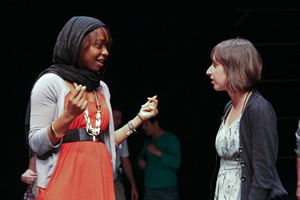 MUJU rehearsing 'Very Muslim Girls'. Image shows from L to R: Samira Sissala, Georgina Bednar. Copyright: Abdul Haseeb Basit. MUJU rehearsing 'Very Muslim Girls'. Image shows from L to R: Samira Sissala, Georgina Bednar. Copyright: Abdul Haseeb Basit.