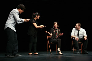 MUJU rehearsing 'Ad Agency'. Image shows from L to R: Josh Azouz, Yasmeen Khan, Georgina Bednar, Raphael Bar. Copyright: Abdul Haseeb Basit. MUJU rehearsing 'Ad Agency'. Image shows from L to R: Josh Azouz, Yasmeen Khan, Georgina Bednar, Raphael Bar. Copyright: Abdul Haseeb Basit.