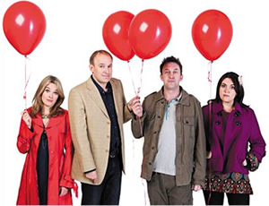 Not Going Out. Image shows from L to R: Lucy (Sally Bretton), Tim (Tim Vine), Lee (Lee Mack), Daisy (Katy Wix). Copyright: Avalon Television / Arlo Productions. Not Going Out. Image shows from L to R: Lucy (Sally Bretton), Tim (Tim Vine), Lee (Lee Mack), Daisy (Katy Wix). Copyright: Avalon Television / Arlo Productions.