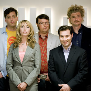 The Persuasionists. Image shows from L to R: Billy Hitchens (Iain Lee), Emma (Daisy Haggard), Clive Johnson (Jarred Christmas), Greg Bannister (Adam Buxton), Keaton (Simon Farnaby). Copyright: Bwark Productions. The Persuasionists. Image shows from L to R: Billy Hitchens (Iain Lee), Emma (Daisy Haggard), Clive Johnson (Jarred Christmas), Greg Bannister (Adam Buxton), Keaton (Simon Farnaby). Copyright: Bwark Productions.