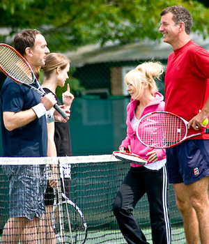 Playing The Moldovans At Tennis. Image shows from L to R: David (Angus Deayton), Susan (Laura Solon), Jane (Morwenna Banks), Tony (Tony Hawks). Copyright: Tony Hawks Productions. Playing The Moldovans At Tennis. Image shows from L to R: David (Angus Deayton), Susan (Laura Solon), Jane (Morwenna Banks), Tony (Tony Hawks). Copyright: Tony Hawks Productions.