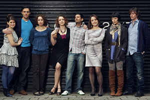 Reunited. Image shows from L to R: Sophie (Jemima Rooper), Martin (Joseph Millson), Sarah (Michelle Terry), Belinda (Emma Stansfield), Danny (Navin Chowdhry), Hannah (Zoe Tapper), Fran (Sarah Jane Potts), Ed (Ed Byrne). Copyright: BBC. Reunited. Image shows from L to R: Sophie (Jemima Rooper), Martin (Joseph Millson), Sarah (Michelle Terry), Belinda (Emma Stansfield), Danny (Navin Chowdhry), Hannah (Zoe Tapper), Fran (Sarah Jane Potts), Ed (Ed Byrne). Copyright: BBC.