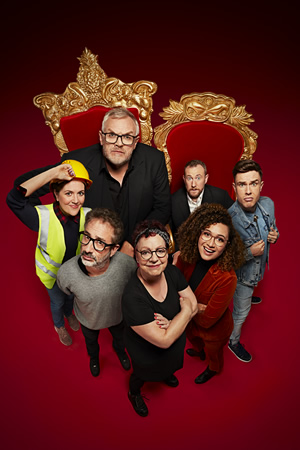 Taskmaster. Image shows from L to R: Katy Wix, David Baddiel, Greg Davies, Jo Brand, Alex Horne, Rose Matafeo, Ed Gamble. Copyright: Avalon Television. Taskmaster. Image shows from L to R: Katy Wix, David Baddiel, Greg Davies, Jo Brand, Alex Horne, Rose Matafeo, Ed Gamble. Copyright: Avalon Television.