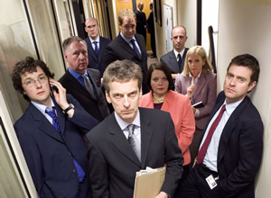 The Thick Of It. Image shows from L to R: Oliver Reeder (Chris Addison), Glenn Cullen (James Smith), Julius Nicholson (Alex Macqueen), Malcolm Tucker (Peter Capaldi), Ben Swain (Justin Edwards), Terri Coverley (Joanna Scanlan), Nick Hanway (Martin Savage), Robyn Murdoch (Polly Kemp), Jamie (Paul Higgins). Copyright: BBC. The Thick Of It. Image shows from L to R: Oliver Reeder (Chris Addison), Glenn Cullen (James Smith), Julius Nicholson (Alex Macqueen), Malcolm Tucker (Peter Capaldi), Ben Swain (Justin Edwards), Terri Coverley (Joanna Scanlan), Nick Hanway (Martin Savage), Robyn Murdoch (Polly Kemp), Jamie (Paul Higgins). Copyright: BBC.
