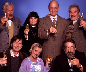 The Vicar Of Dibley. Image shows from L to R: Frank Pickle (John Bluthal), Hugo Horton (James Fleet), Geraldine Grainger (Dawn French), Alice Tinker (Emma Chambers), David Horton (Gary Waldhorn), Owen Newitt (Roger Lloyd-Pack), Jim Trott (Trevor Peacock). Copyright: Tiger Aspect Productions. The Vicar Of Dibley. Image shows from L to R: Frank Pickle (John Bluthal), Hugo Horton (James Fleet), Geraldine Grainger (Dawn French), Alice Tinker (Emma Chambers), David Horton (Gary Waldhorn), Owen Newitt (Roger Lloyd-Pack), Jim Trott (Trevor Peacock). Copyright: Tiger Aspect Productions.