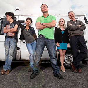 White Van Man. Image shows from L to R: Darren (Joel Fry), Liz (Naomi Bentley), Ollie (Will Mellor), Emma (Georgia Tennant), Tony (Clive Mantle). Copyright: ITV Studios. White Van Man. Image shows from L to R: Darren (Joel Fry), Liz (Naomi Bentley), Ollie (Will Mellor), Emma (Georgia Tennant), Tony (Clive Mantle). Copyright: ITV Studios.