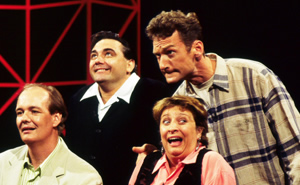 Whose Line Is It Anyway?. Image shows from L to R: Colin Mochrie, Tony Slattery, Caroline Quentin, Ryan Stiles. Copyright: Hat Trick Productions. Whose Line Is It Anyway?. Image shows from L to R: Colin Mochrie, Tony Slattery, Caroline Quentin, Ryan Stiles. Copyright: Hat Trick Productions.