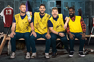 A League Of Their Own. Image shows from L to R: Andrew Flintoff, Jamie Redknapp, James Corden, Romesh Ranganathan. Copyright: CPL Productions. A League Of Their Own. Image shows from L to R: Andrew Flintoff, Jamie Redknapp, James Corden, Romesh Ranganathan. Copyright: CPL Productions.