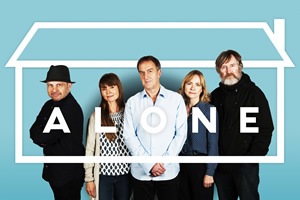 Alone. Image shows from L to R: Morris (Bennett Arron), Louisa (Kate Isitt), Mitch (Angus Deayton), Ellie (Abigail Cruttenden), Will (Pearce Quigley). Copyright: ABsoLuTeLy Productions. Alone. Image shows from L to R: Morris (Bennett Arron), Louisa (Kate Isitt), Mitch (Angus Deayton), Ellie (Abigail Cruttenden), Will (Pearce Quigley). Copyright: ABsoLuTeLy Productions.