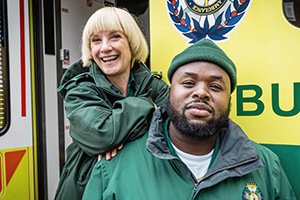 Bloods. Image shows from L to R: Wendy (Jane Horrocks), Maleek (Samson Kayo). Copyright: Roughcut Television. Bloods. Image shows from L to R: Wendy (Jane Horrocks), Maleek (Samson Kayo). Copyright: Roughcut Television.
