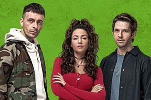 Brassic. Image shows from L to R: Vinnie (Joe Gilgun), Erin (Michelle Keegan), Dylan (Damien Molony). Copyright: Calamity Films. Brassic. Image shows from L to R: Vinnie (Joe Gilgun), Erin (Michelle Keegan), Dylan (Damien Molony). Copyright: Calamity Films.
