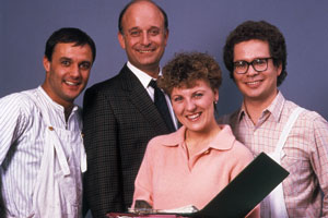 Brush Strokes. Image shows from L to R: Jacko (Karl Howman), Lionel Bainbridge (Gary Waldhorn), Sandra (Jackie Lye), Eric (Mike Walling). Copyright: BBC. Brush Strokes. Image shows from L to R: Jacko (Karl Howman), Lionel Bainbridge (Gary Waldhorn), Sandra (Jackie Lye), Eric (Mike Walling). Copyright: BBC.