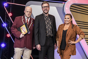 CelebAbility. Image shows from L to R: Marek Larwood, Iain Stirling, Scarlett Moffatt. Copyright: Potato. CelebAbility. Image shows from L to R: Marek Larwood, Iain Stirling, Scarlett Moffatt. Copyright: Potato.