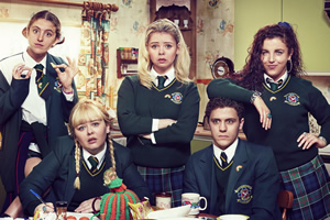 Derry Girls. Image shows from L to R: Orla McCool (Louisa Harland), Clare Devlin (Nicola Coughlan), Erin Quinn (Saoirse-Monica Jackson), James Maguire (Dylan Llewellyn), Michelle Mallon (Jamie-Lee O'Donnell). Copyright: Hat Trick Productions. Derry Girls. Image shows from L to R: Orla McCool (Louisa Harland), Clare Devlin (Nicola Coughlan), Erin Quinn (Saoirse-Monica Jackson), James Maguire (Dylan Llewellyn), Michelle Mallon (Jamie-Lee O'Donnell). Copyright: Hat Trick Productions.