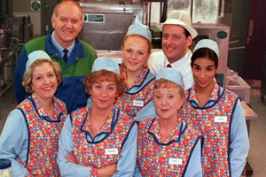 dinnerladies. Image shows from L to R: Jean (Anne Reid), Stan (Duncan Preston), Brenda (Victoria Wood), Twinkle (Maxine Peake), Dolly (Thelma Barlow), Tony (Andrew Dunn), Anita (Shobna Gulati). Copyright: Good Fun / Pozzitive Productions. dinnerladies. Image shows from L to R: Jean (Anne Reid), Stan (Duncan Preston), Brenda (Victoria Wood), Twinkle (Maxine Peake), Dolly (Thelma Barlow), Tony (Andrew Dunn), Anita (Shobna Gulati). Copyright: Good Fun / Pozzitive Productions.