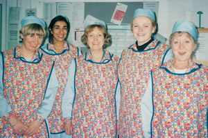 dinnerladies diaries. Image shows from L to R: Victoria Wood, Shobna Gulati, Anne Reid, Maxine Peake, Thelma Barlow. Copyright: UKTV. dinnerladies diaries. Image shows from L to R: Victoria Wood, Shobna Gulati, Anne Reid, Maxine Peake, Thelma Barlow. Copyright: UKTV.