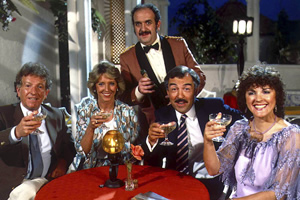 Duty Free. Image shows from L to R: David Pearce (Keith Barron), Linda Cochran (Joanna Van Gyseghem), Carlos (Carlos Douglas), Robert Cochran (Neil Stacy), Amy Pearce (Gwen Taylor). Copyright: Yorkshire Television. Duty Free. Image shows from L to R: David Pearce (Keith Barron), Linda Cochran (Joanna Van Gyseghem), Carlos (Carlos Douglas), Robert Cochran (Neil Stacy), Amy Pearce (Gwen Taylor). Copyright: Yorkshire Television.
