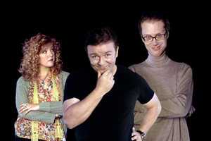 Extras. Image shows from L to R: Maggie Jacobs (Ashley Jensen), Andy Millman (Ricky Gervais), Darren Lamb (Stephen Merchant). Extras. Image shows from L to R: Maggie Jacobs (Ashley Jensen), Andy Millman (Ricky Gervais), Darren Lamb (Stephen Merchant).