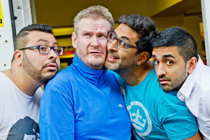 Fags, Mags And Bags. Image shows from L to R: Sanjay (Omar Raza), Dave (Donald Mcleary), Ramesh (Sanjeev Kohli), Alok (Susheel Kumar). Copyright: The Comedy Unit. Fags, Mags And Bags. Image shows from L to R: Sanjay (Omar Raza), Dave (Donald Mcleary), Ramesh (Sanjeev Kohli), Alok (Susheel Kumar). Copyright: The Comedy Unit.