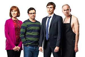 Friday Night Dinner. Image shows from L to R: Jackie (Tamsin Greig), Adam (Simon Bird), Jonny (Tom Rosenthal), Martin (Paul Ritter). Friday Night Dinner. Image shows from L to R: Jackie (Tamsin Greig), Adam (Simon Bird), Jonny (Tom Rosenthal), Martin (Paul Ritter).