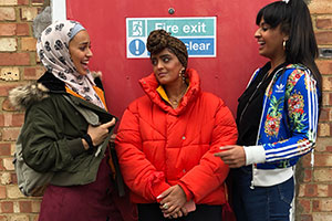 Hounslow Diaries. Image shows from L to R: Shaheeda (Ambreen Razia), Tash (Mandeep Dhillon), Leonie (Robyn Cara). Copyright: CPL Productions. Hounslow Diaries. Image shows from L to R: Shaheeda (Ambreen Razia), Tash (Mandeep Dhillon), Leonie (Robyn Cara). Copyright: CPL Productions.