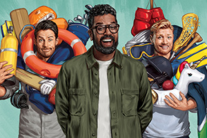A league apart.  Image shows L to R: Jamie Redknapp, Romesh Ranganathan, Andrew Flintoff.  Copyright: CPL Productions.