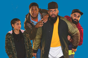 Man Like Mobeen. Image shows from L to R: Aks (Duaa Karim), Nate (Tolulope Ogunmefun), Mobeen (Guz Khan), Eight (Tez Ilyas). Copyright: Cave Bear Productions. Man Like Mobeen. Image shows from L to R: Aks (Duaa Karim), Nate (Tolulope Ogunmefun), Mobeen (Guz Khan), Eight (Tez Ilyas). Copyright: Cave Bear Productions.