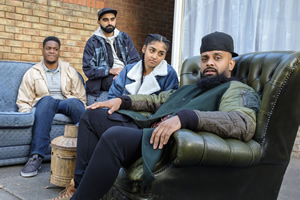 Man Like Mobeen. Image shows from L to R: Nate (Tolulope Ogunmefun), Eight (Tez Ilyas), Aks (Duaa Karim), Mobeen (Guz Khan). Man Like Mobeen. Image shows from L to R: Nate (Tolulope Ogunmefun), Eight (Tez Ilyas), Aks (Duaa Karim), Mobeen (Guz Khan).