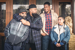 Man Like Mobeen. Image shows from L to R: Eight (Tez Ilyas), Mobeen (Guz Khan), Nate (Tolulope Ogunmefun), Aks (Duaa Karim). Man Like Mobeen. Image shows from L to R: Eight (Tez Ilyas), Mobeen (Guz Khan), Nate (Tolulope Ogunmefun), Aks (Duaa Karim).