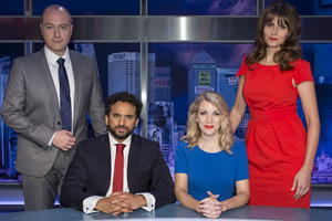 The Mash Report. Image shows from L to R: Newsreader Tom (Steve N Allen), Nish Kumar, Rachel / Emma (Rachel Parris), Newsreader Susan (Ellie Taylor). Copyright: Princess Productions. The Mash Report. Image shows from L to R: Newsreader Tom (Steve N Allen), Nish Kumar, Rachel / Emma (Rachel Parris), Newsreader Susan (Ellie Taylor). Copyright: Princess Productions.