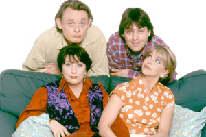 Men Behaving Badly. Image shows from L to R: Gary Strang (Martin Clunes), Dorothy (Caroline Quentin), Tony Smart (Neil Morrissey), Deborah (Leslie Ash). Copyright: Hartswood Films Ltd. Men Behaving Badly. Image shows from L to R: Gary Strang (Martin Clunes), Dorothy (Caroline Quentin), Tony Smart (Neil Morrissey), Deborah (Leslie Ash). Copyright: Hartswood Films Ltd.