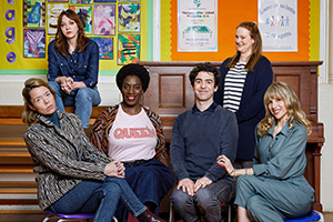 Mother land.  Image shows from L to R: Julia (Anna Maxwell Martin), Liz (Diane Morgan), Meg (Tanya Moodie), Kevin (Paul Ready), Anne (Philippa Dunne), Amanda (Lucy Punch).