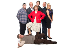 Mrs. Brown's Boys. Image shows from L to R: Dermot Brown (Paddy Houlihan), Rory Brown (Rory Cowan), Agnes Brown (Brendan O'Carroll), Father Damien (Conor Moloney), Mark Brown (Pat Shields), Cathy Brown (Jennifer Gibney), Grandad Brown (Dermot O'Neill). Mrs. Brown's Boys. Image shows from L to R: Dermot Brown (Paddy Houlihan), Rory Brown (Rory Cowan), Agnes Brown (Brendan O'Carroll), Father Damien (Conor Moloney), Mark Brown (Pat Shields), Cathy Brown (Jennifer Gibney), Grandad Brown (Dermot O'Neill).