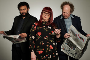 The News Quiz. Image shows from L to R: Nish Kumar, Angela Barnes, Andy Zaltzman.