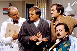 Only When I Laugh. Image shows from L to R: Dr. Gordon Thorpe (Richard Wilson), Roy Figgis (James Bolam), Norman Binns (Christopher Strauli), Archie Glover (Peter Bowles). Copyright: Yorkshire Television. Only When I Laugh. Image shows from L to R: Dr. Gordon Thorpe (Richard Wilson), Roy Figgis (James Bolam), Norman Binns (Christopher Strauli), Archie Glover (Peter Bowles). Copyright: Yorkshire Television.