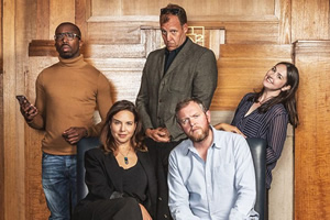 Party's Over. Image shows from L to R: Drew (Kiell Smith-Bynoe), Christine Tobin (Ingrid Oliver), Jones (Justin Edwards), Henry Tobin (Miles Jupp), Natalie (Emma Sidi). Copyright: BBC. Party's Over. Image shows from L to R: Drew (Kiell Smith-Bynoe), Christine Tobin (Ingrid Oliver), Jones (Justin Edwards), Henry Tobin (Miles Jupp), Natalie (Emma Sidi). Copyright: BBC.